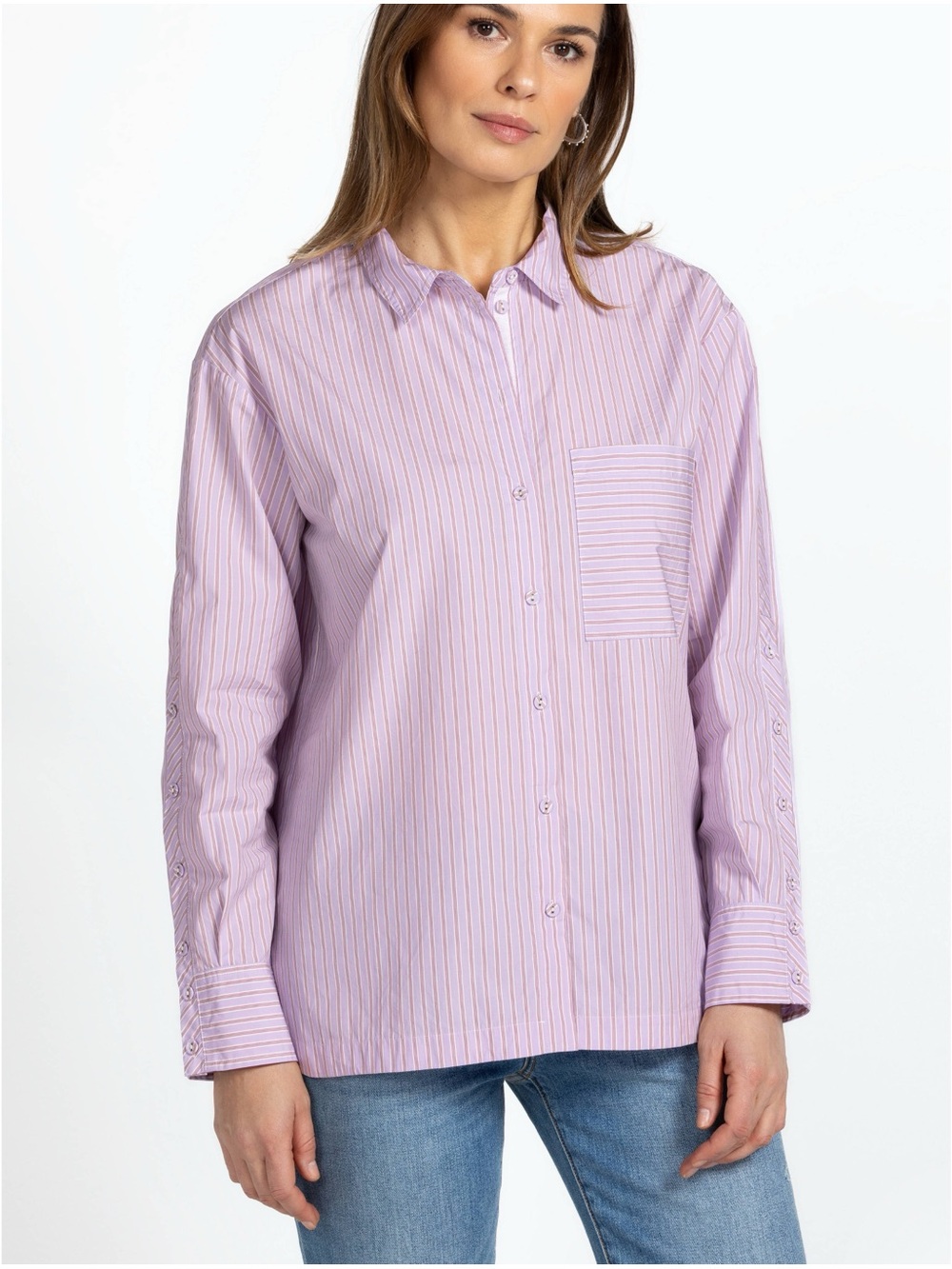 Johnny Was Giana Relaxed Pocket Cotton Vertical Pinstripe Button Down Shirt